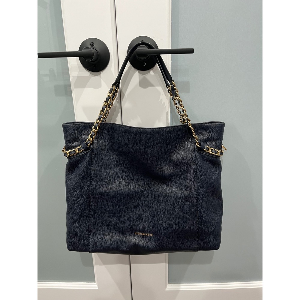 Michael Kors Navy Blue Chain Shoulder‎ Tote Bag Gold Accents